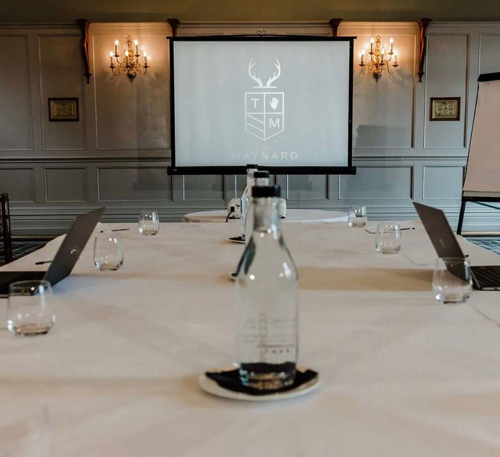 A meeting room set up for a corporate offsite